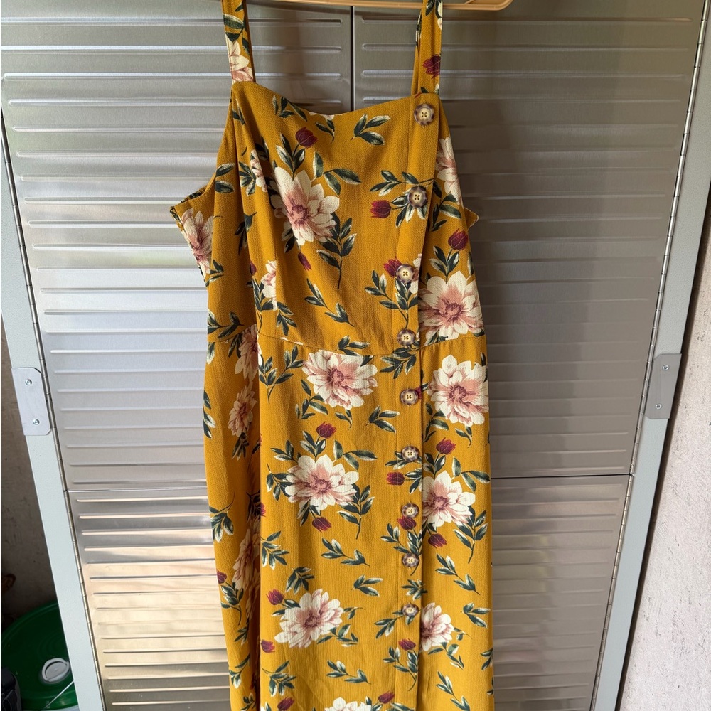 Xhilaration Mustard Floral Button-Front Midi Dress